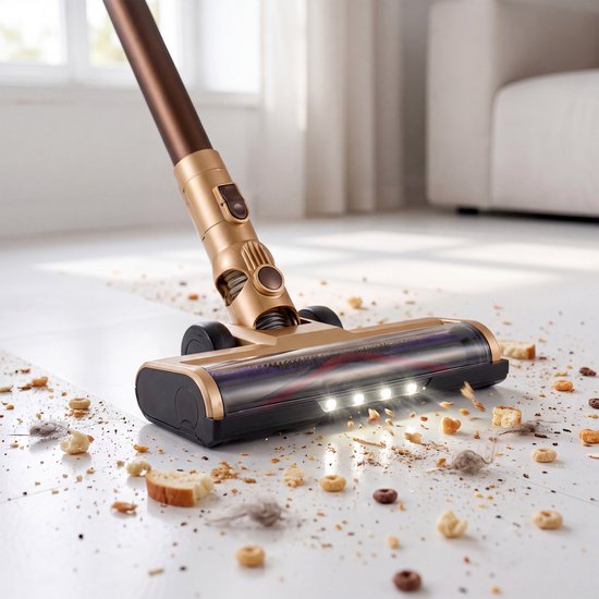 Gouden stofzuigmond met LED-verlichting zuigt kruimels van witte vloer.