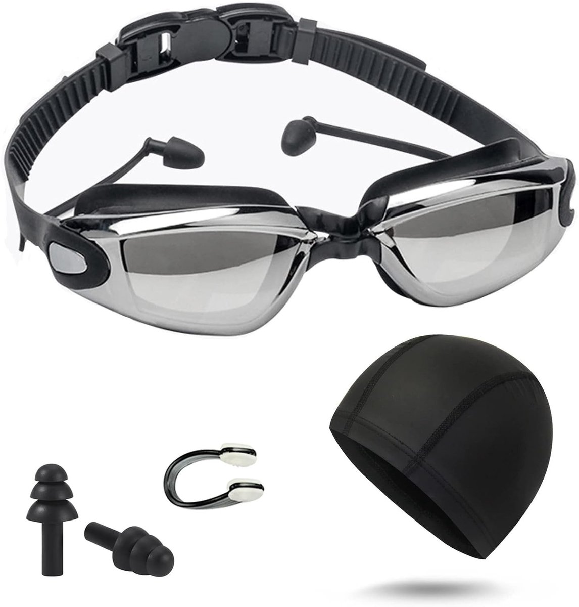 Volwassen Zwemgoggles met Anti-Fog en UV-bescherming, inclusief Oordopjes, Zwemcap en Neusclip voor Comfortabel Zwemmen