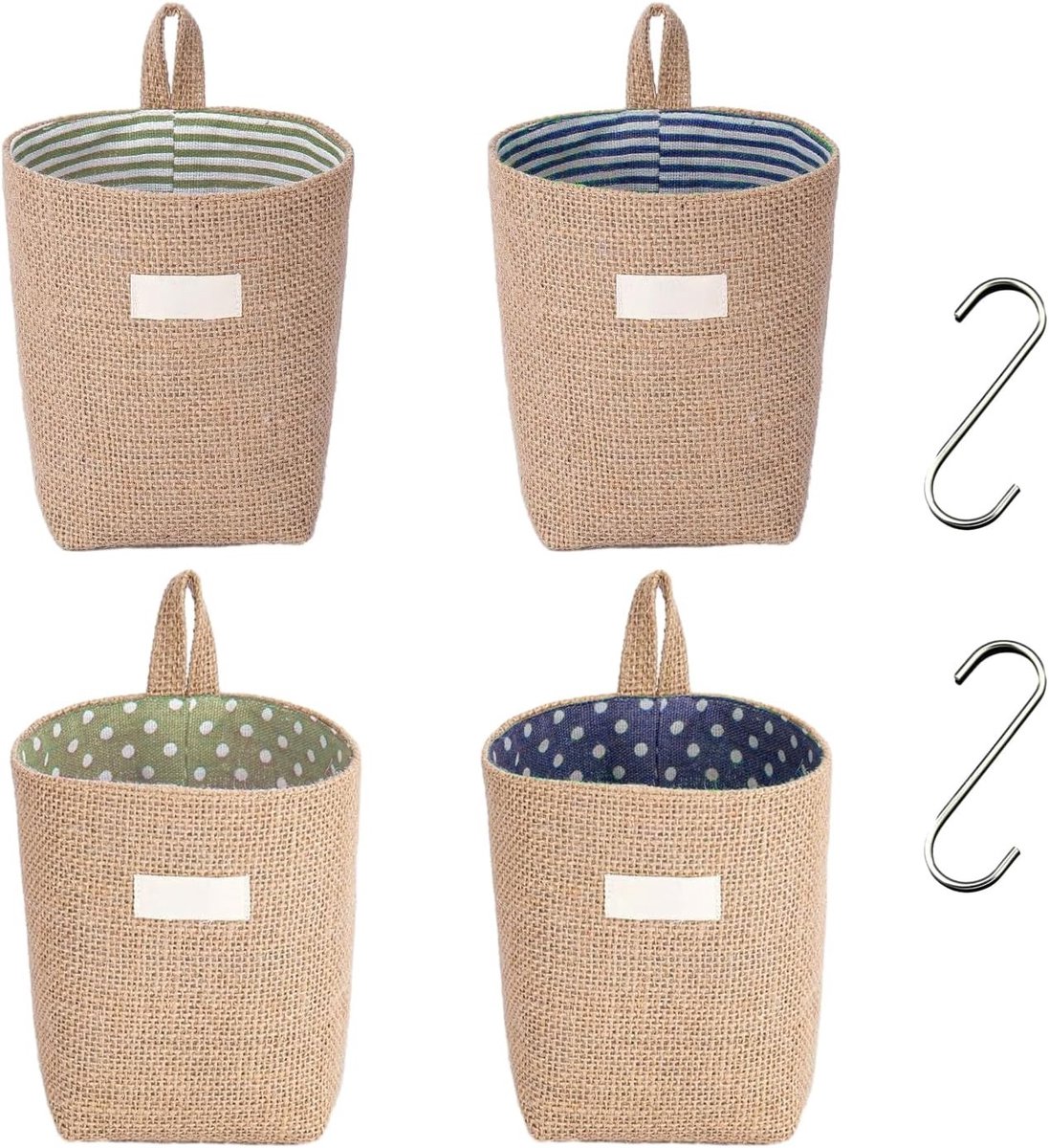 Set van 4 Linnen Hangende Opbergzakken, Vouwbare Opbergmanden voor Bureauorganisatie met S-Haken en Ruimtebesparing
