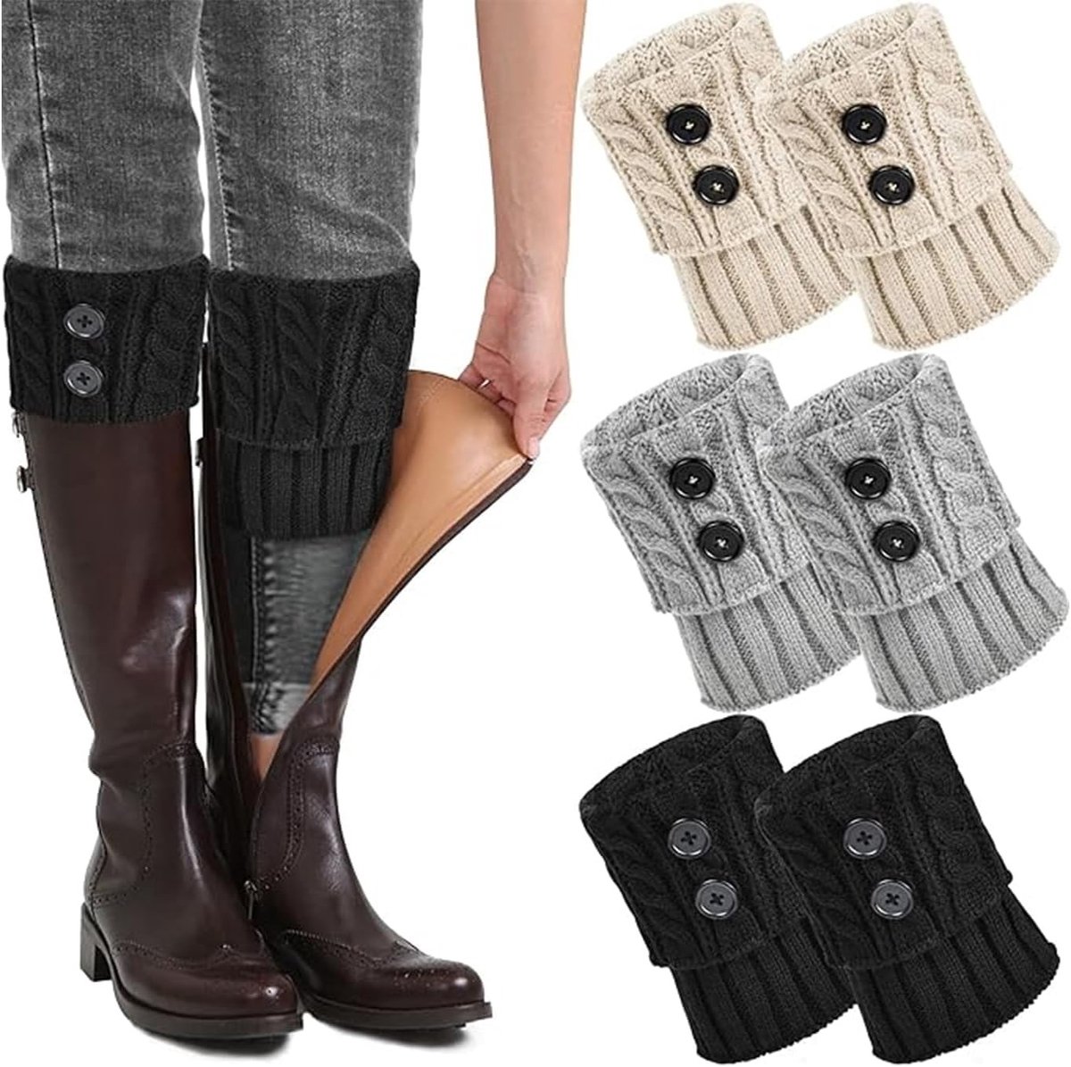 Driedelige set gebreide leggings en sokken, warm en comfortabel voor vrouwen en meisjes, perfect voor de winter, een maat, beige en grijs
