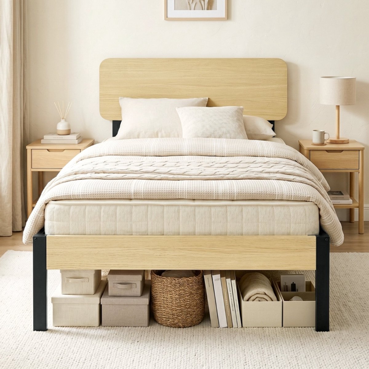 WUVRIE Bedframe 90x200 cm met hoofdbord, opbergruimte onder bed en metalen frame, zwart/naturel