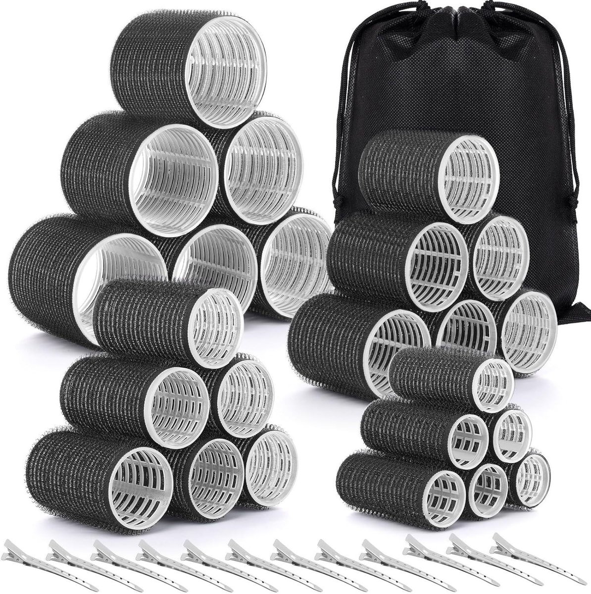 Set van 37 zelfklevende haarrollers, 4 maten (63 mm/48 mm/36 mm/25 mm) met 12 clips en 1 opbergtas, doe-het-zelf krultool voor lang, medium en kort haar