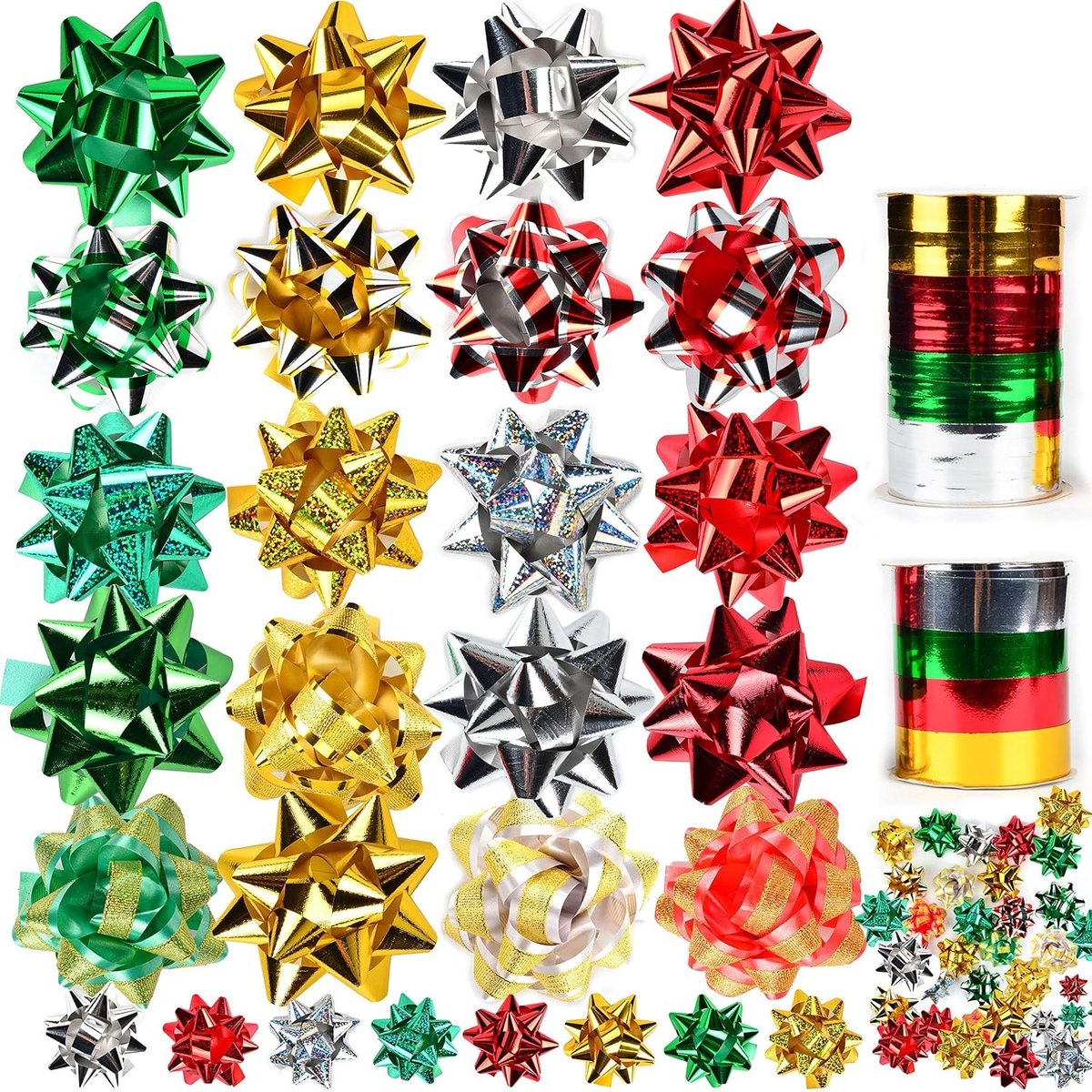 48 Zelfklevende Strikken met 8 Rollen Krullint voor Kerst, Cadeaus, Versiering en Decoratie