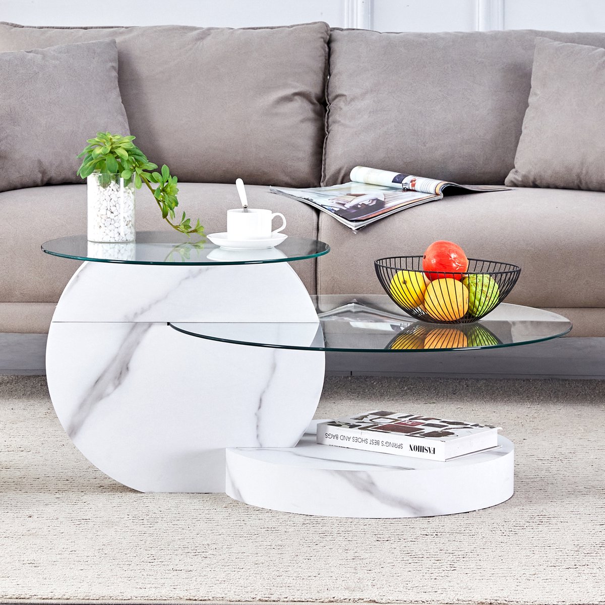 MODENUIT Salontafel - 2-Laags Veiligheidsglas En MDF - Woonkamer En Interieur - Wit - 90x70x44 Cm