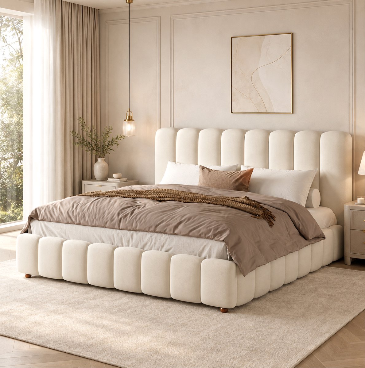 STILVORA Bedframe 160x200cm - Hydraulisch Opbergbed Met Lattenbodem - Hoofdbord Met Verticale Strepen - Voor Volwassenen - Stof - Beige Zonder Matras