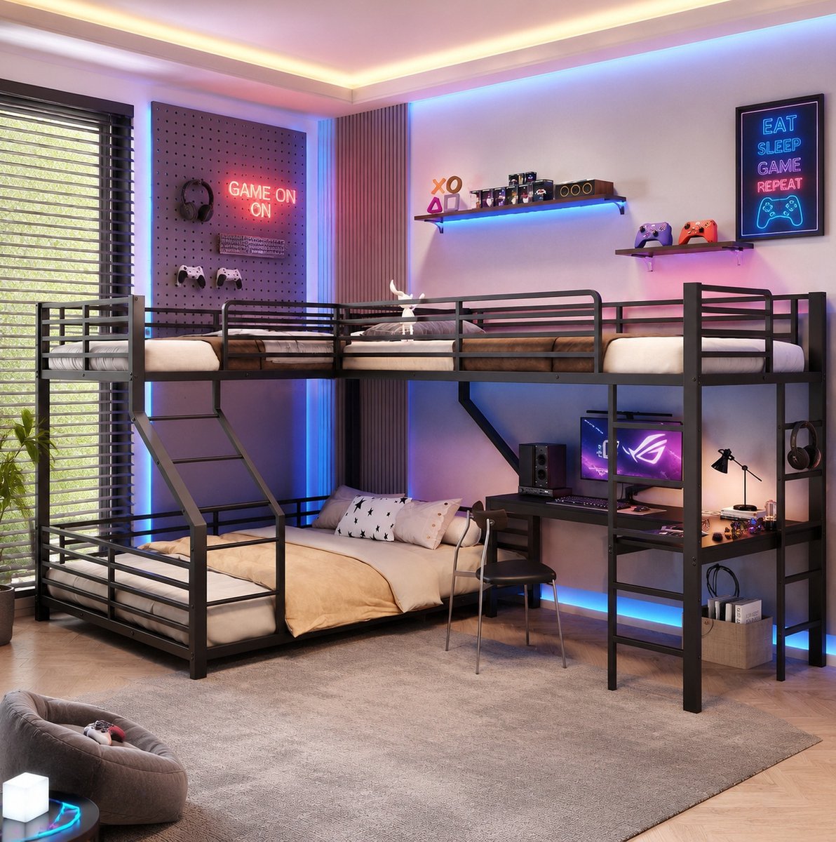 Wishdor Stapelbed 90 x 200 cm + 140 x 200 cm - Met bureau en ladder - Metaal en MDF - Zwart - Voor kinderen en gezinnen met 3 slaapplaatsen en EN747