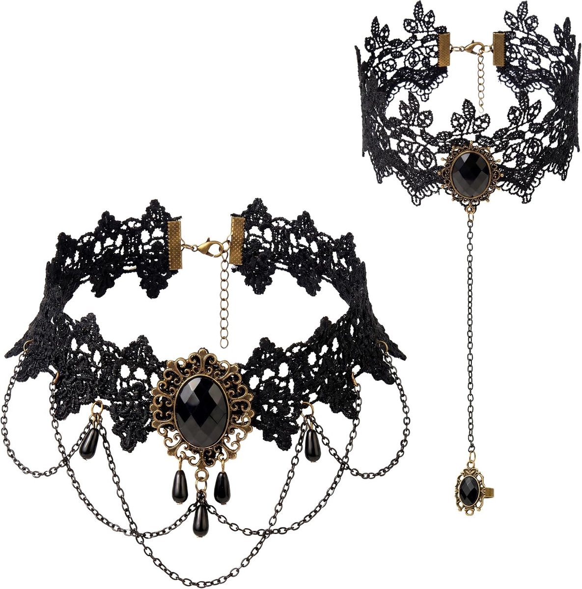 2-delige gothic set van zwarte kant met choker en armband, vampier halsketting, kostuumaccessoires voor dames, perfect voor dark gothic cosplay en Halloween feesten