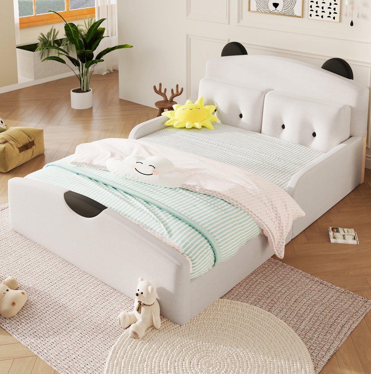 Bed 140x200cm Zonder Matras – Zacht Gestoffeerd Bed Met Leescomfort – Beren Hoofdbord In Knusse Stijl – Met 2 Sierkussens – Voor Kinderkamer – Wit