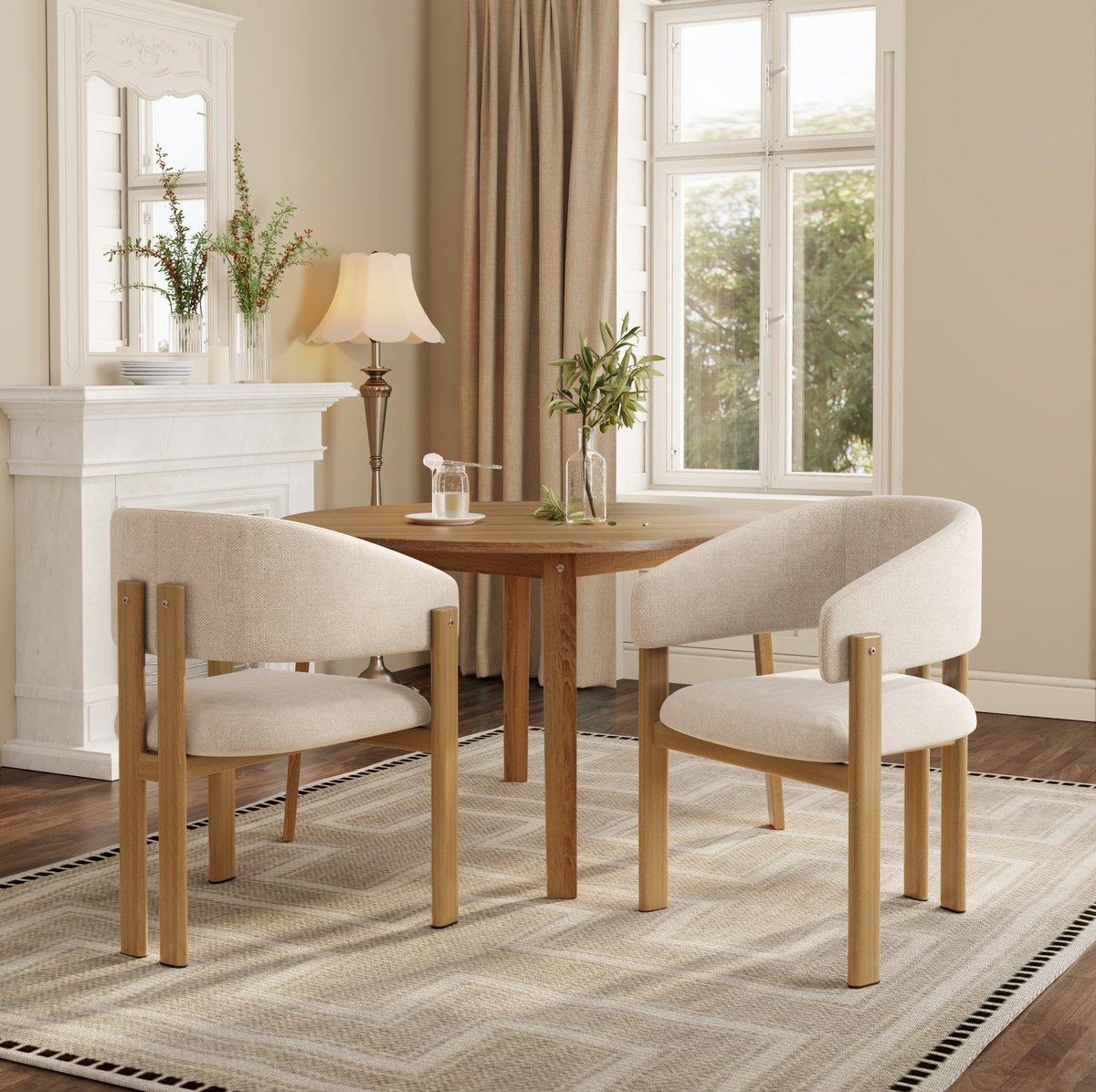 Wishdor Eetkamerstoel set van 4 - Met armleuning en zachte zitting - Metaal met houtlook - Scandinavisch basic - Eetkamer woonkamer café - Naturaal houtkleur 83 x 61,5 x 52,5 cm
