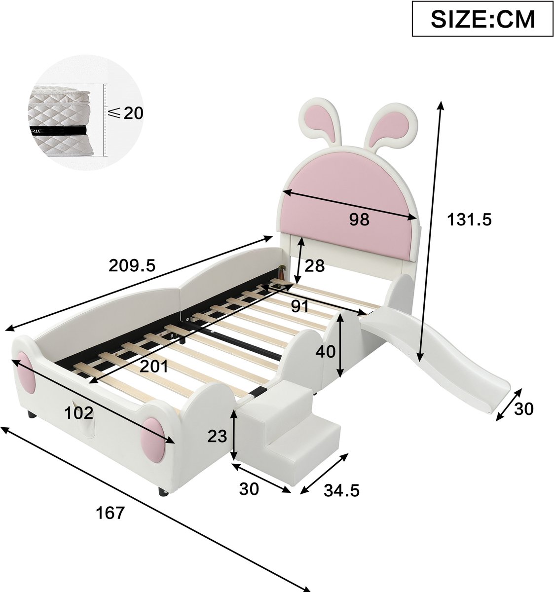 WUVRIE Kinderbed 90x200 cm met glijbaan, trap en konijnenoren, PU, wit/roze