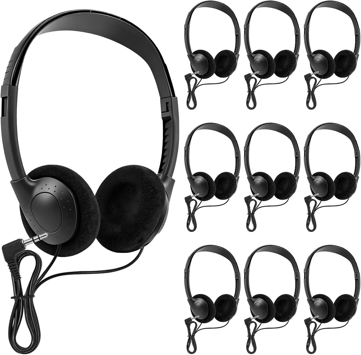 Dunne Bedrade Hoofdtelefoon, 10 Stuks, Verstelbare On-Ear Headset met 1.2 m Kabel, Ideaal voor School en Laptopgebruik