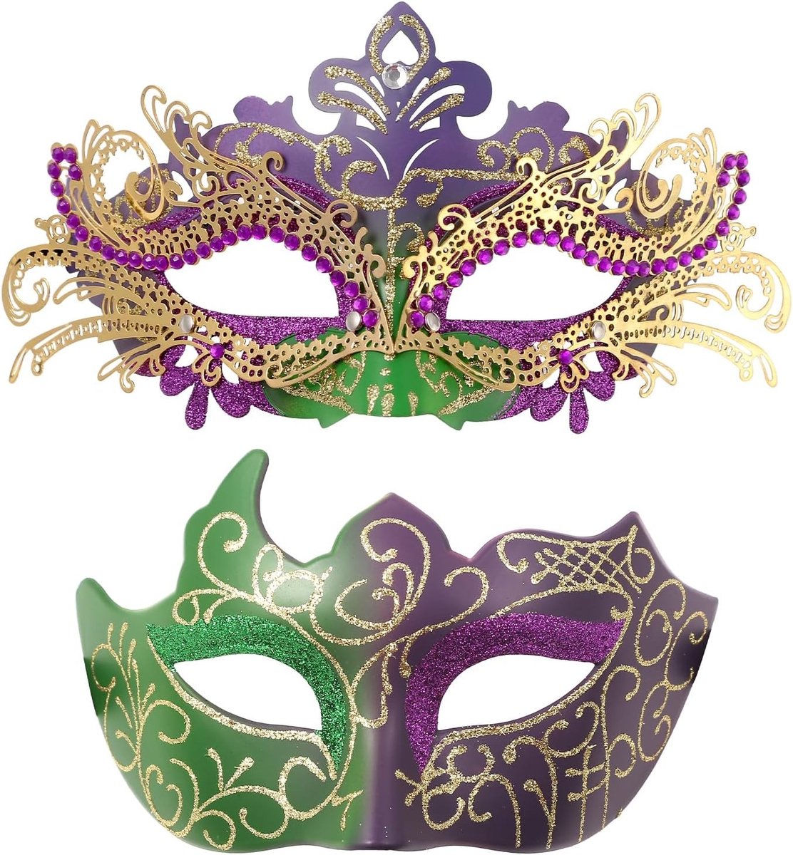 Iers maskerade masker paar: 2 stuks Venetiaanse maskers in goud, groen en paars voor Pasen, Halloween en carnaval, perfect voor bruiloften en kostuumfeesten voor hem en haar