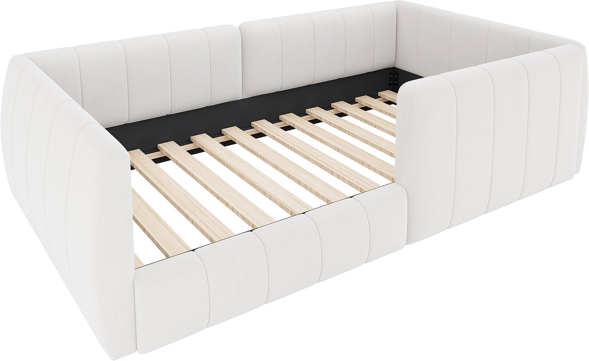 WUVRIE Gepolsterd bed 90x200 cm met veiligheidshekken, beige, slaapkamer