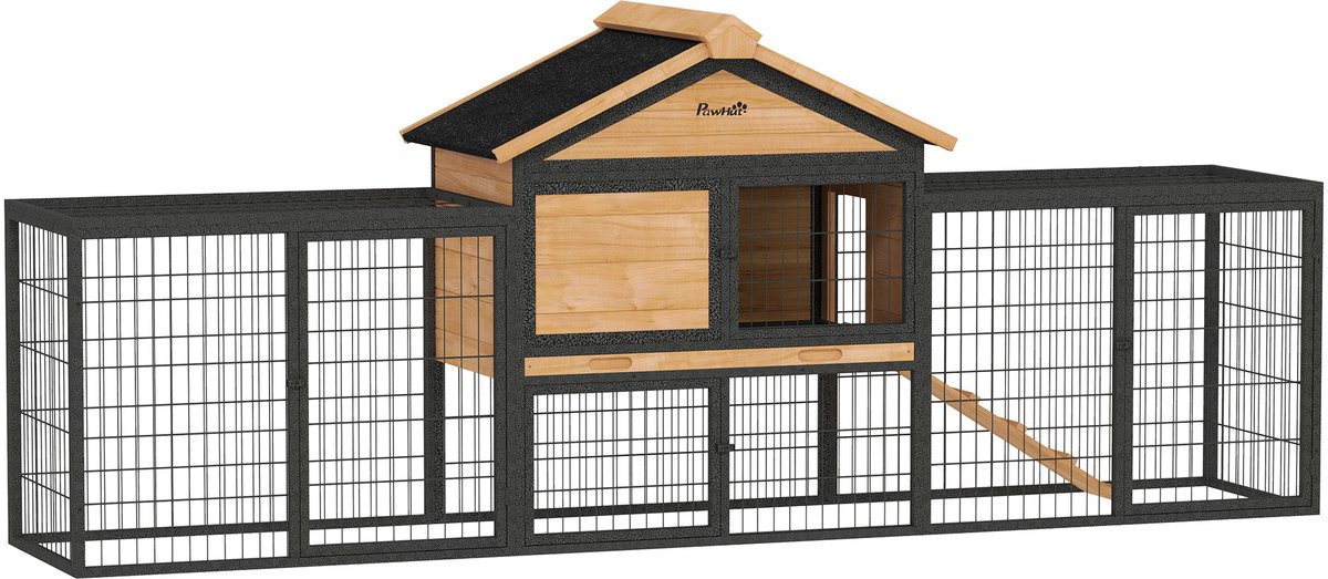 PawHut Hasenstall 2 Ebenen mit Satteldach Kaninchenstall aus Vollholz Winterfest Doppelstockhaus mit Freilaufgehege 217x53x86 cm Kaninchenkäfig Outdoor Kleintierstall für Hasen Kaninchen Gelb