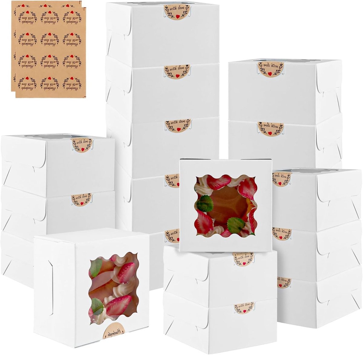 Set van 100 Cadeauboxen met Doorzichtig Venster, 10,2 x 10,2 x 6,5 cm, Ideaal voor Taarten, Koekjes en Desserts met Stickers