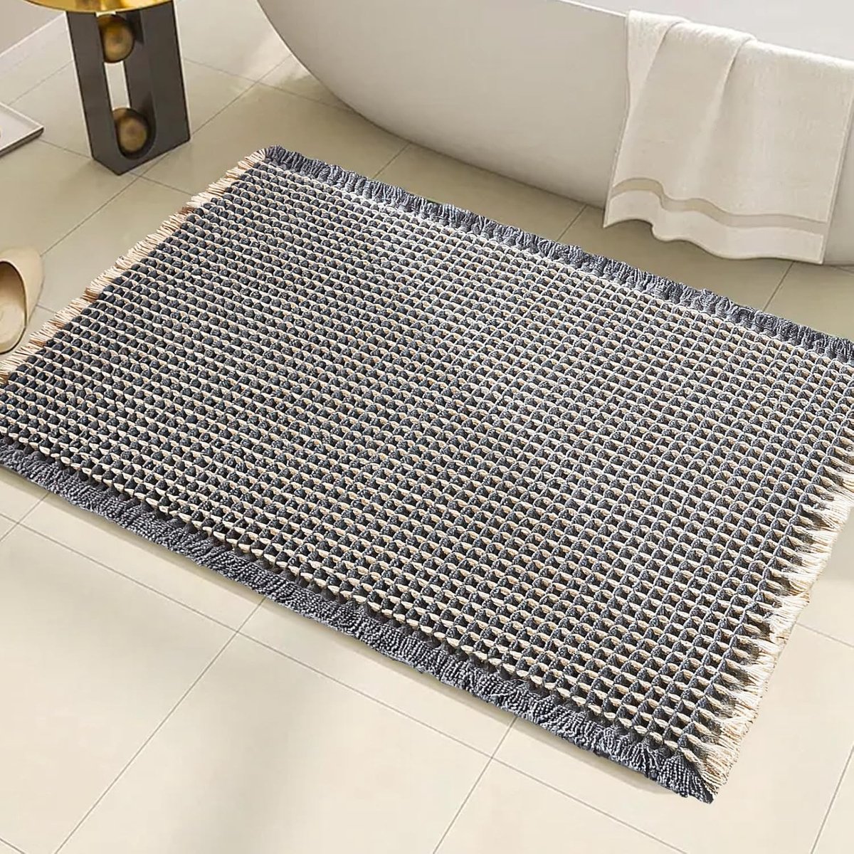 Super Absorbent Waffle Badmat, Antislip Badkamer Tapijt, Machinewasbare Douchemat voor Woonkamer en Badkamer, Blauw en Lichtgeel, 45 x 76 cm