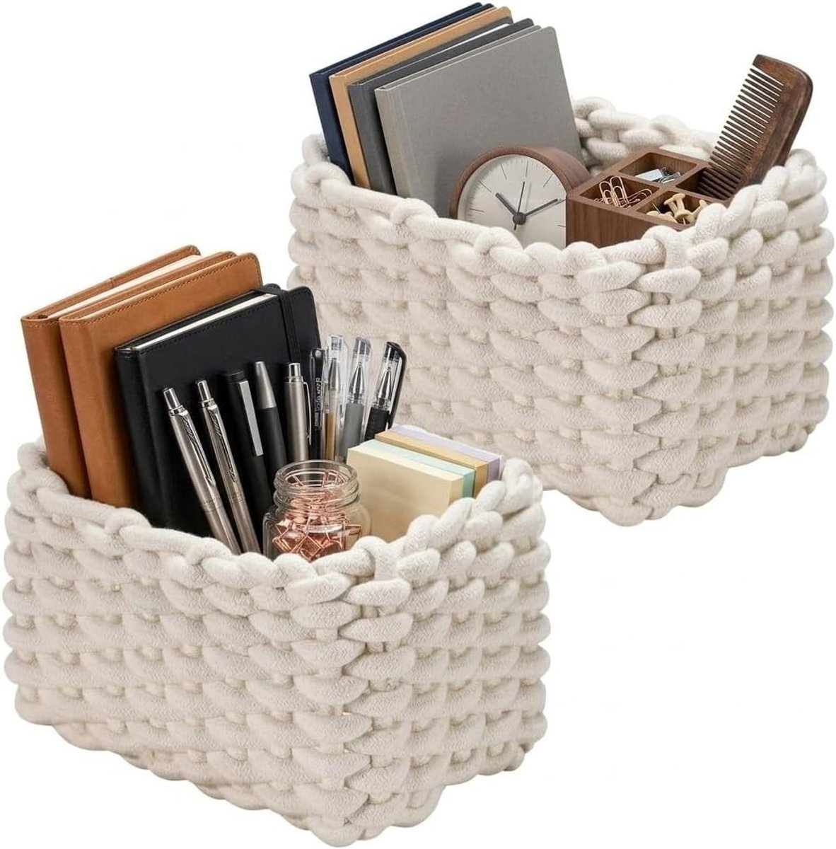 Opbergmand van Katoen, Gevlochten Mand voor Toiletpapier, Cosmetica, Speelgoed en Huisaccessoires, 19 x 15 x 12 cm, Wit, Set van 2 - Perfect voor Organisatie en Decoratie