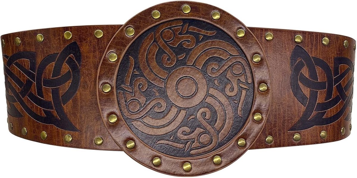 Middeleeuwse lederen riem met Viking kompas reliëf, brede vintage riem voor cosplay en kostuums
