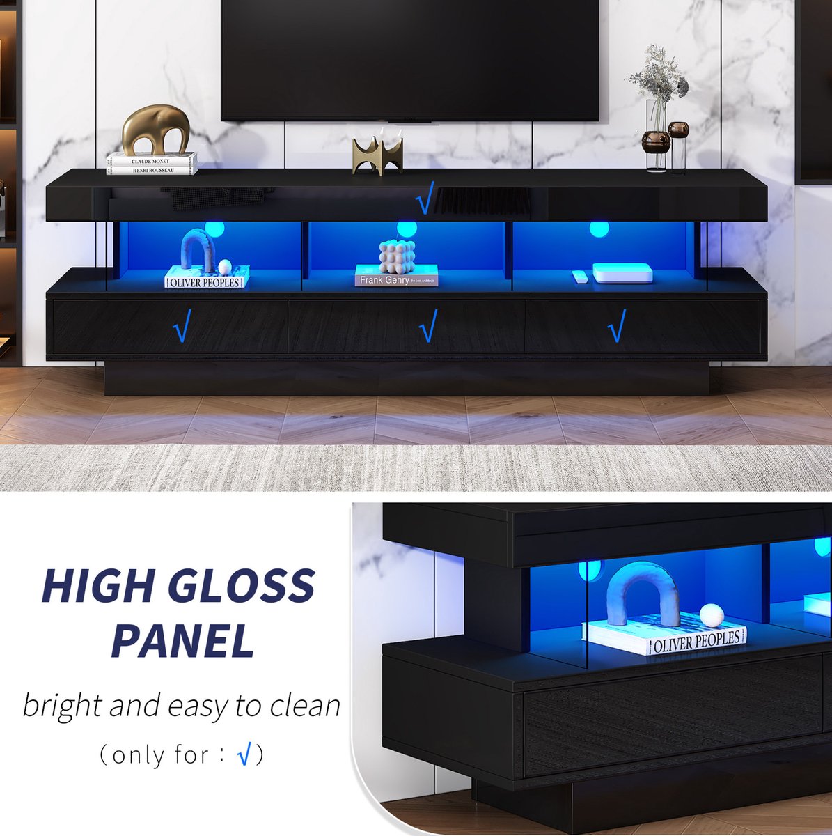 MODENUIT TV Kast - Hoogglans Met LED En Glazen Planken - Woonkamer - Spaanplaat - Zwart - 160x38x50,5 Cm