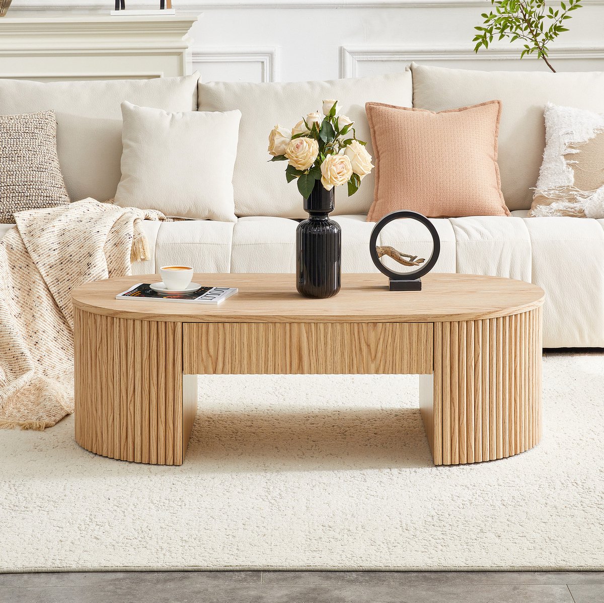 MODENUIT Salontafel - Ovale Tafel Met Lade En Geribbelde Zijkanten - Woonkamer - MDF - Wood - 105x54x38 Cm