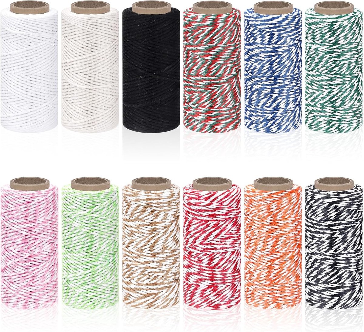 Kleurrijke bakkers touw set van 12 rollen, 328 ft 1,5 mm dik katoenen koord voor ambachten, cadeauverpakking en decoratie voor feestdagen en tuinieren