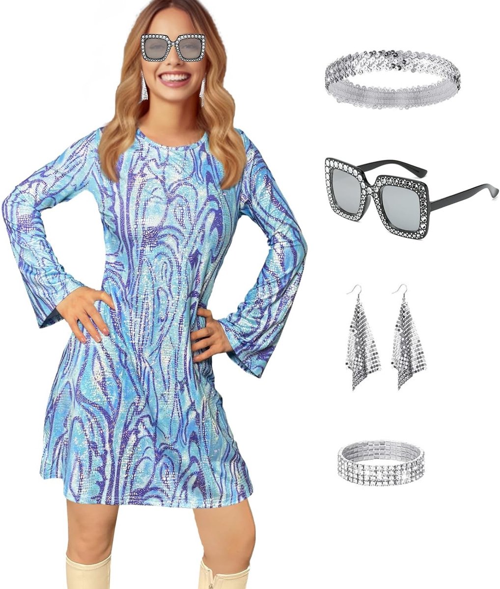 Carnaval Kostuum Jurk voor Dames uit de Jaren '70 met Hippie Stijl, Accessoires en Retro Oogbescherming