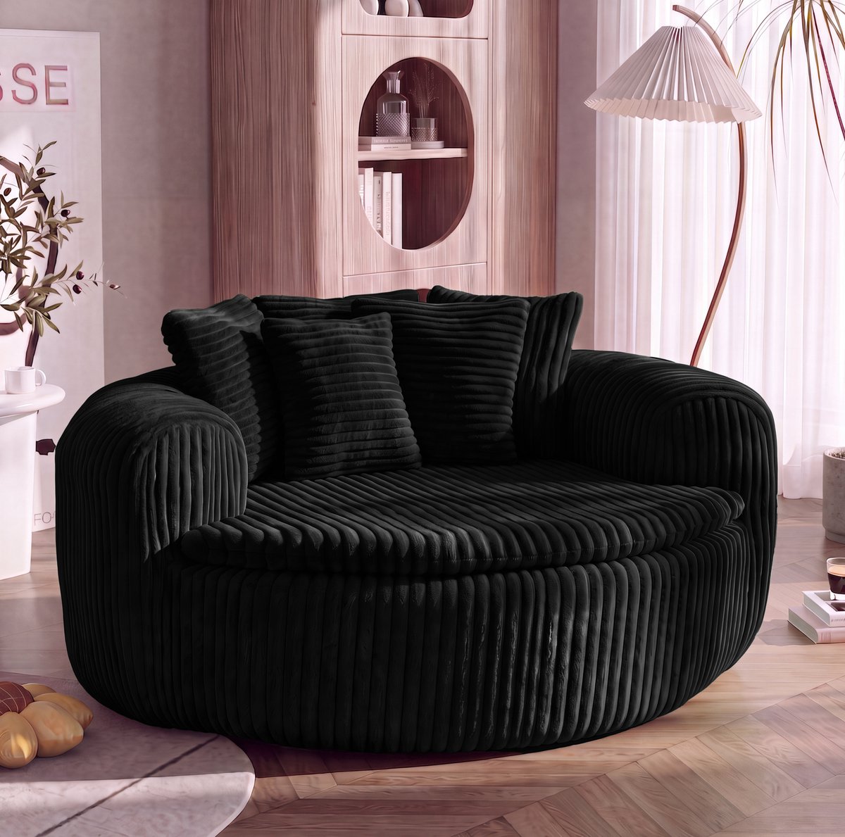 REDOM - Fauteuil - Diepe gewatteerde zitting - met 5 losse kussens en armleuningen - Loungesessel - Woonkamer of leeshoek - Cordstof - Zwart - 145 x 133 x 59 cm