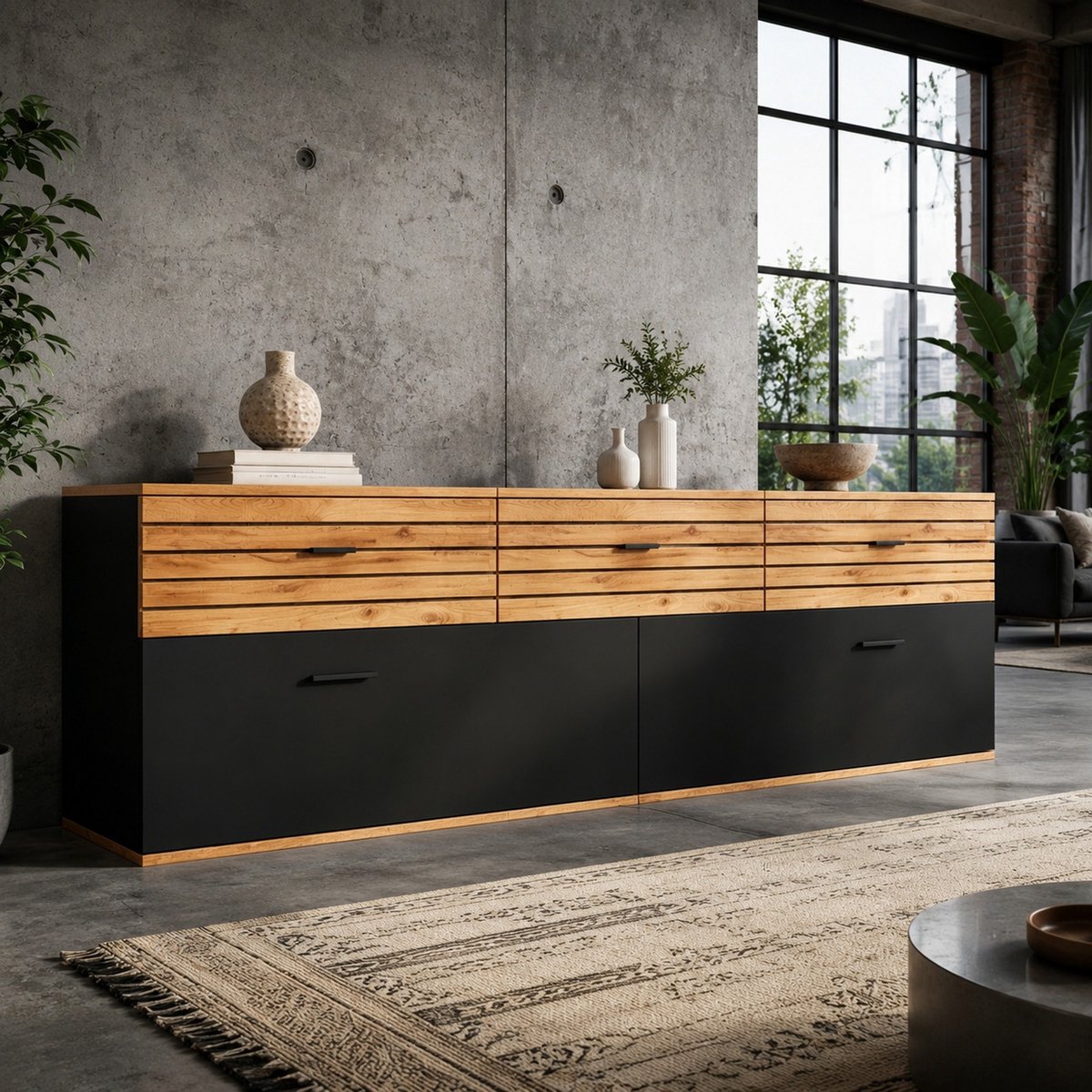 MODENUIT TV Meubel - 3 Lades En 2 Kleppen - Woonkamer - MDF En Spaanplaat - 168 Cm - Naturel Houtkleur Zwart