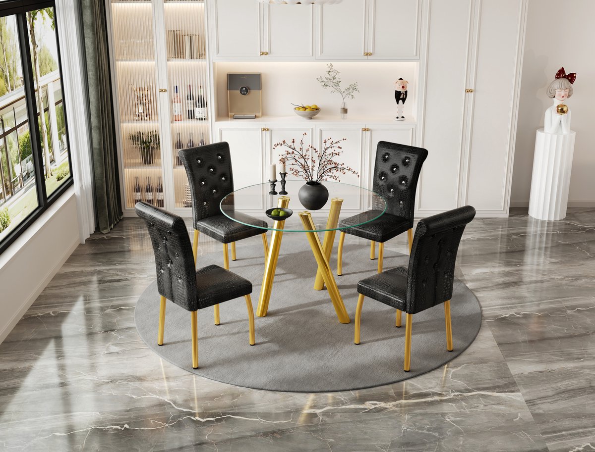 FloraGrace Eetkamerset 5-delig voor 4 Personen - Ronde Tafel Van Gehard Glas Met Gouden Metalen Poten - Modern - Zwart