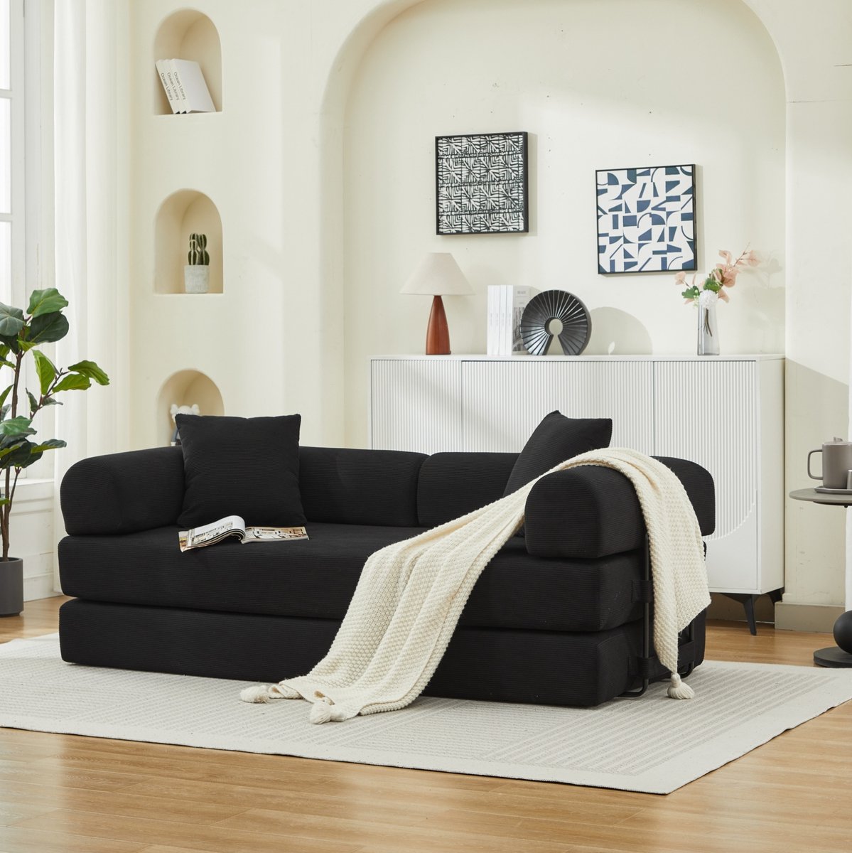 STILVORA Slaapbank 200 x 95 x 75 Cm - Uitklapbare Bank Met 2 Kussens En Slaapfunctie - Voor Woonkamer Kantoor En Appartement - Corduroy Zwart