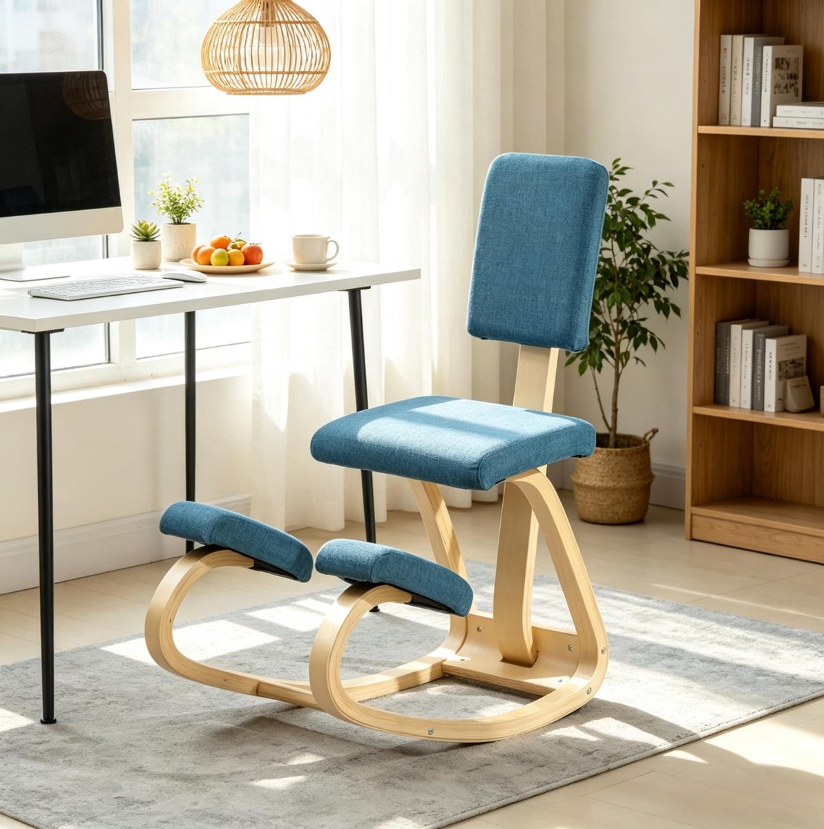 REDOM - Ergonomische kniestoel met rugleuning - Schommelmechanisme - Berkenhouten frame - Stof en hout - Bureau, meditatie en thuiswerk - 51 x 84 x 93 cm thumbnail 4