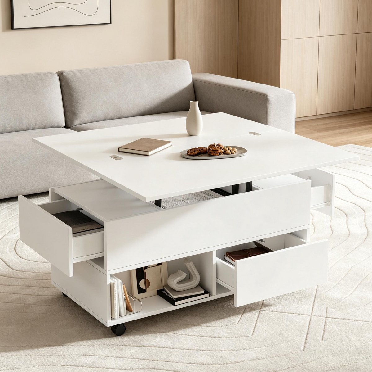 MODENUIT Salontafel - Hoogteverstelbaar Met 4 Lades En Wielen - Wit - Spaanplaat - 100x50x52 Cm