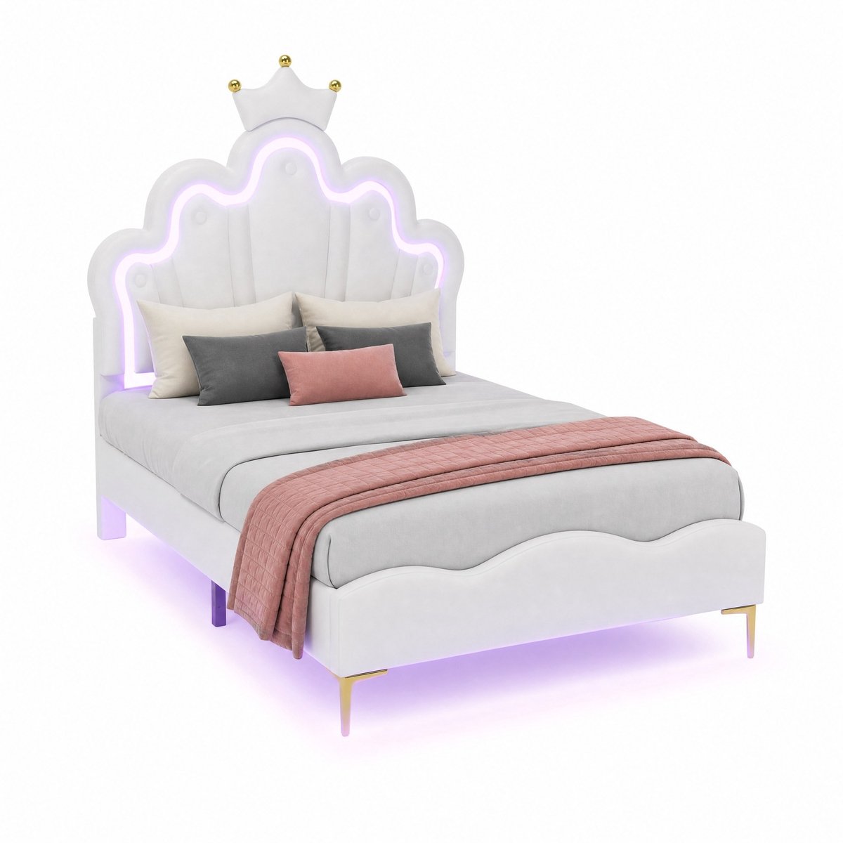 WUVRIE Kinderbed 90x200 cm met kroonvormig hoofdbord en LED-verlichting, wit