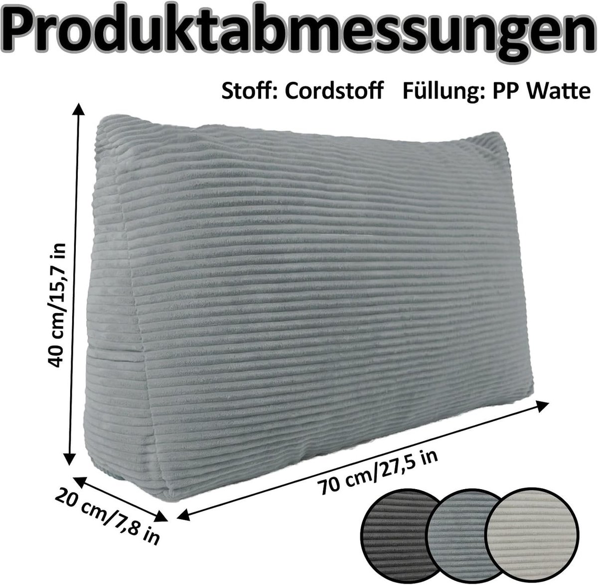 Wigkussen bed - Lichtgrijs - 70 x 40 x 20 cm - Corduroy stof - Ergonomisch rugkussen voor lezen en ontspannen
