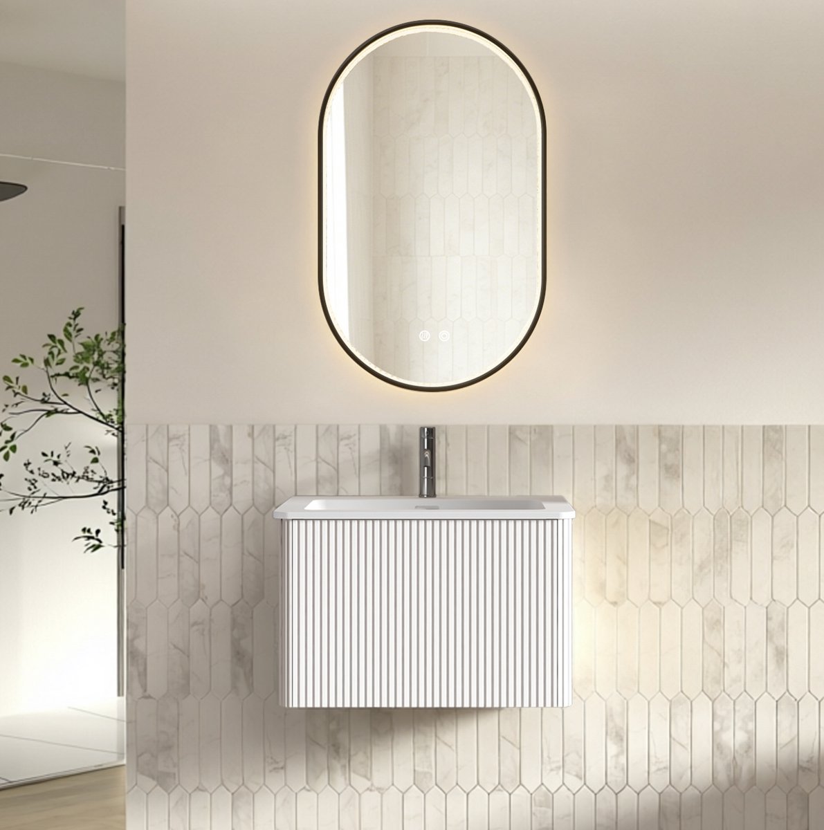 OKWISH Badmeubelset - Wandmontage Met LED-Spiegel - 1 Lade - Ovale Spiegel Met Anticondens - Wit - 60 Cm