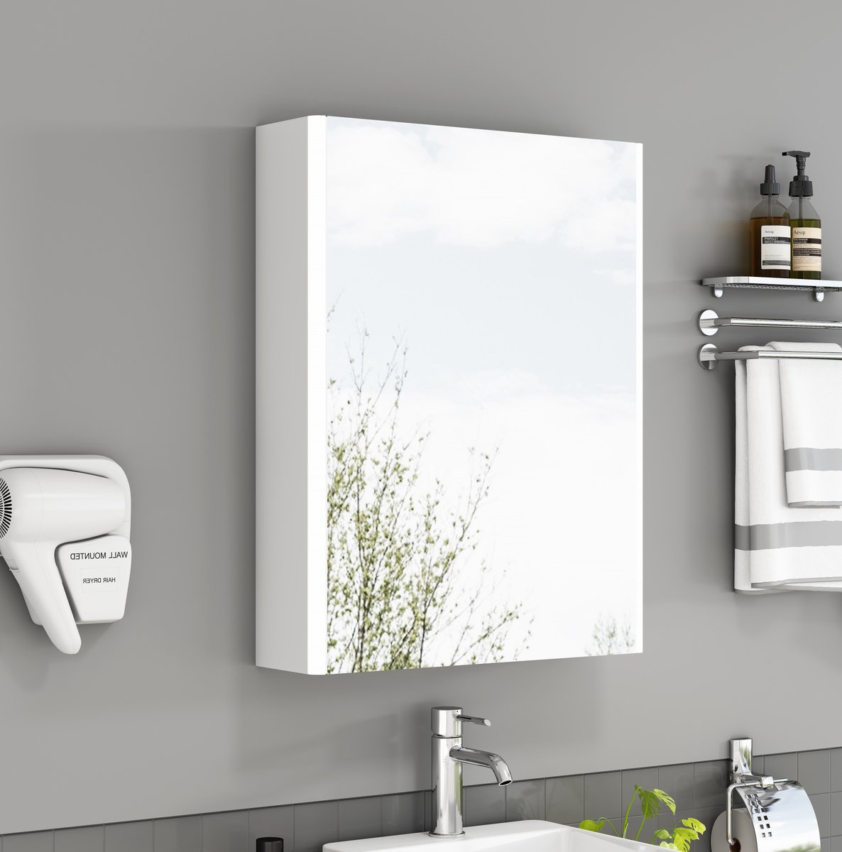 OKWISH Spiegelkast - Wandmontage 50 cm - 1 Deur - Met Ledverlichting En Frans Stopcontact - Badkamer - MDF En Glas Wit