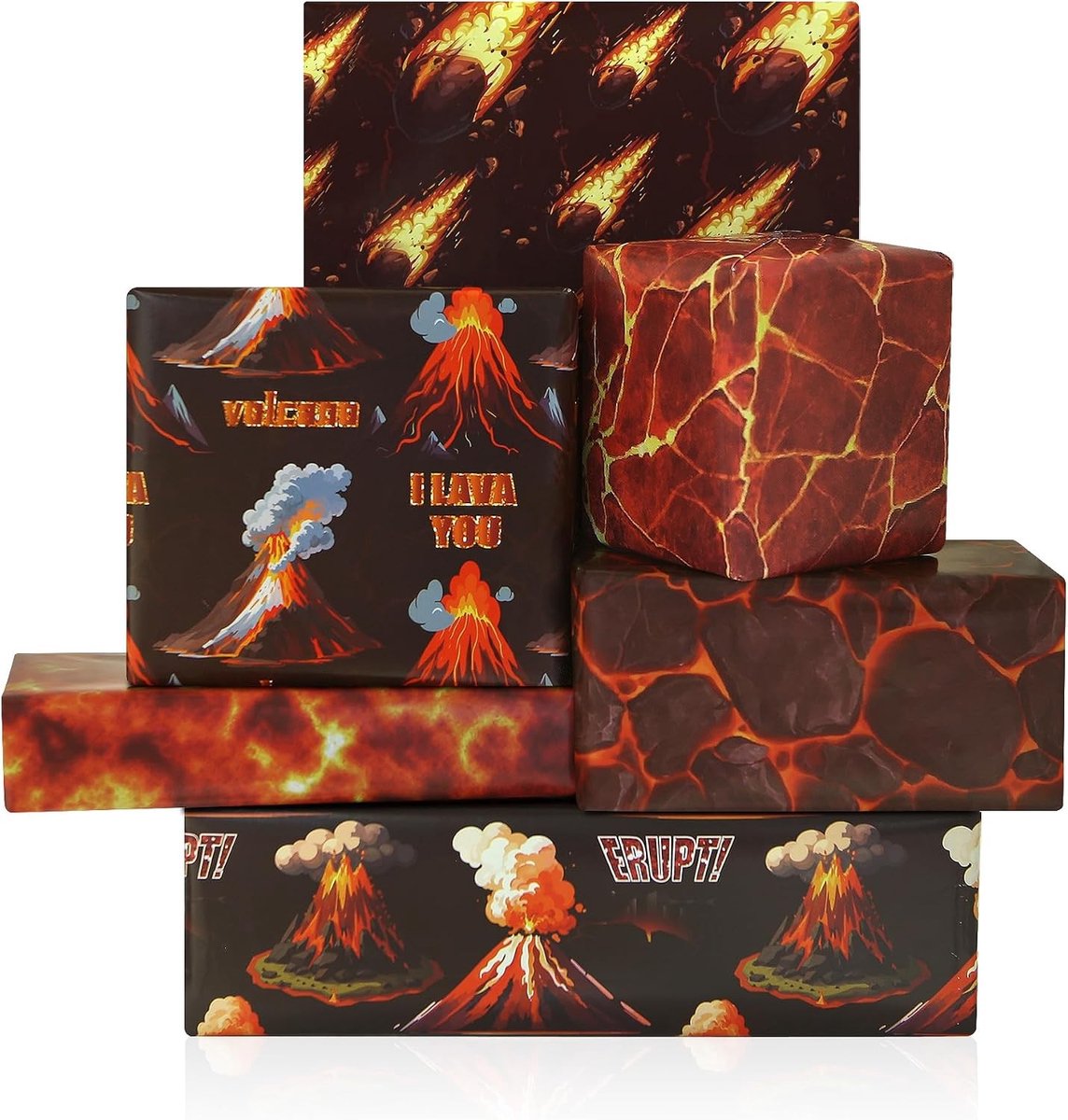 Inpakpapier met vulkaan en lava voor kinderen, 6 vellen geschenkpapier voor verjaardagen, wetenschap en feestjes, 50 x 70 cm per vel