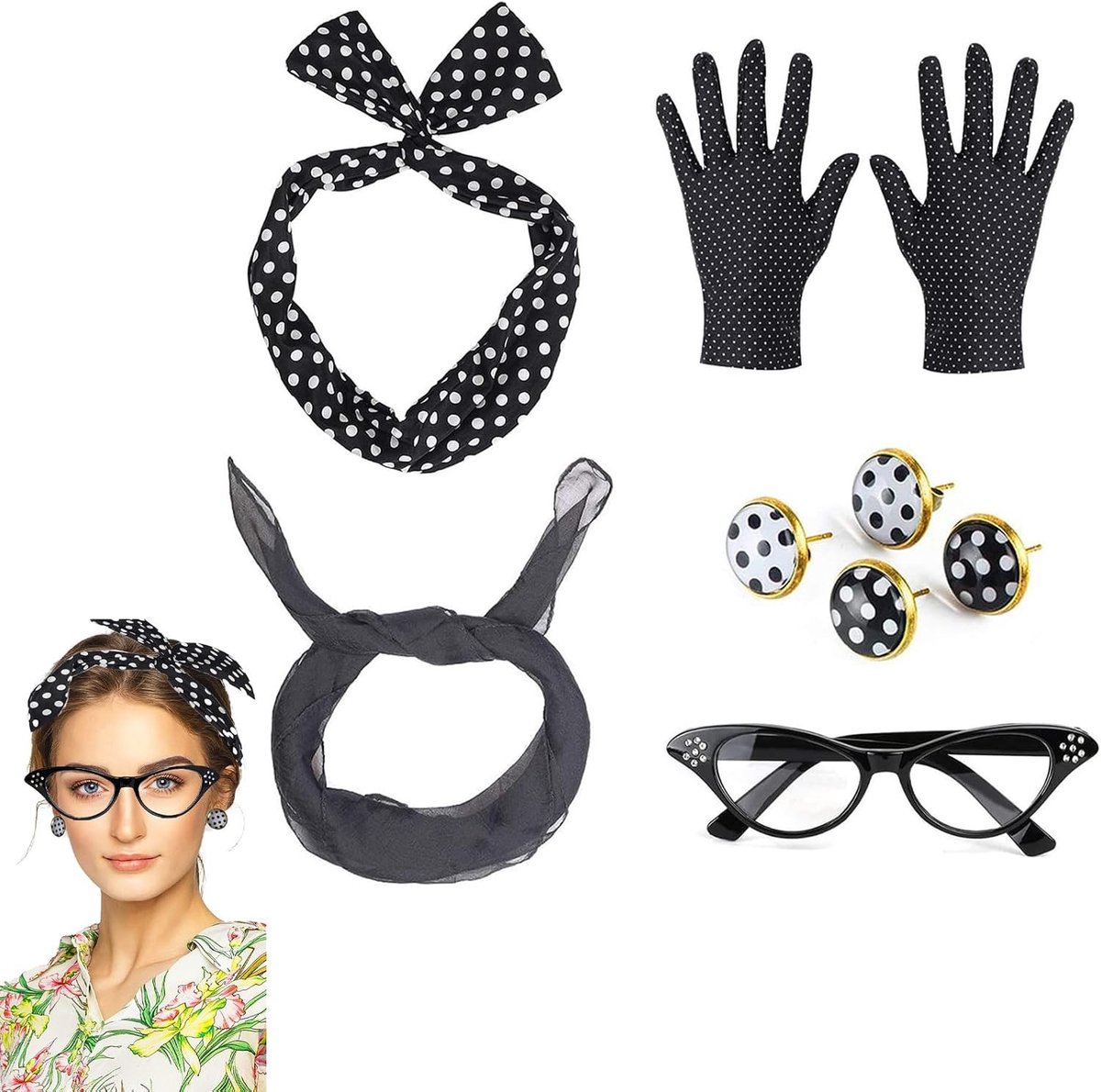 9-delige jaren '50 kostuumaccessoires set voor vrouwen, Rockabilly polka dot bandana, nektie, haarband en oorbellen