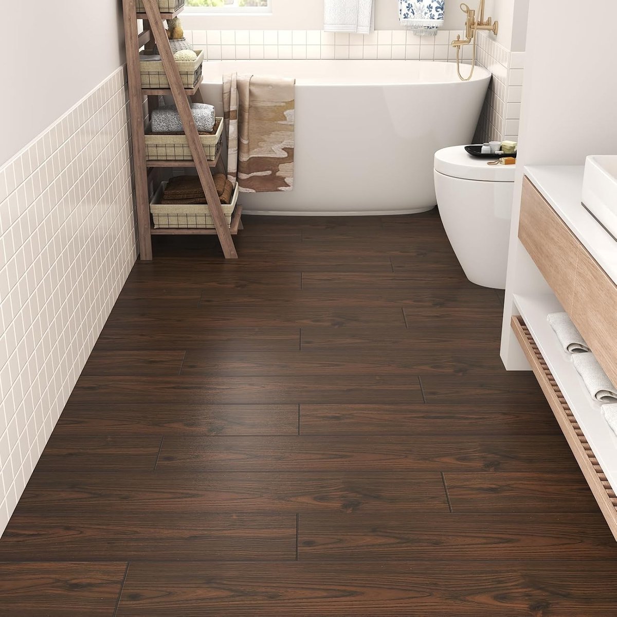 Zelfklevende Vinyl Vloertegels voor Badkamer en Balkon, Houtlook, 90 cm x 15 cm, Set van 4, Gemakkelijk te Installeren en Onderhouden