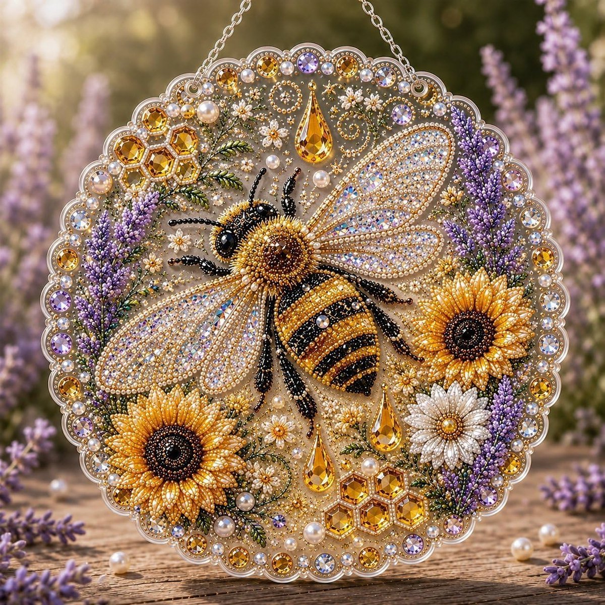 Casalora® Diamond Painting Bijhanger – 5D Acryl Bloemendecoratie – Lavendel Zonnebloem met Bij – Enkelzijdige DIY Set met Parels en Speciale Vorm Diamantjes – Bloemen Raamdecoratie – 25 × 25 cm
