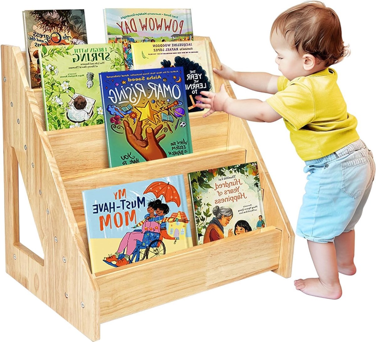 Montessori Kinderboekenkast van Natuurlijk Hout, 5 Niveaus voor Kinderkamer, Speelkamer en Kleuterschool, Ideaal voor Boeken en Speelgoed