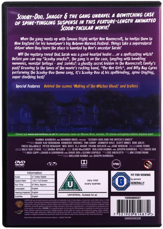 Achterkant van de dvd 'Scooby-Doo en de heksengeest' met een beschrijving van de film, cast en productinformatie.