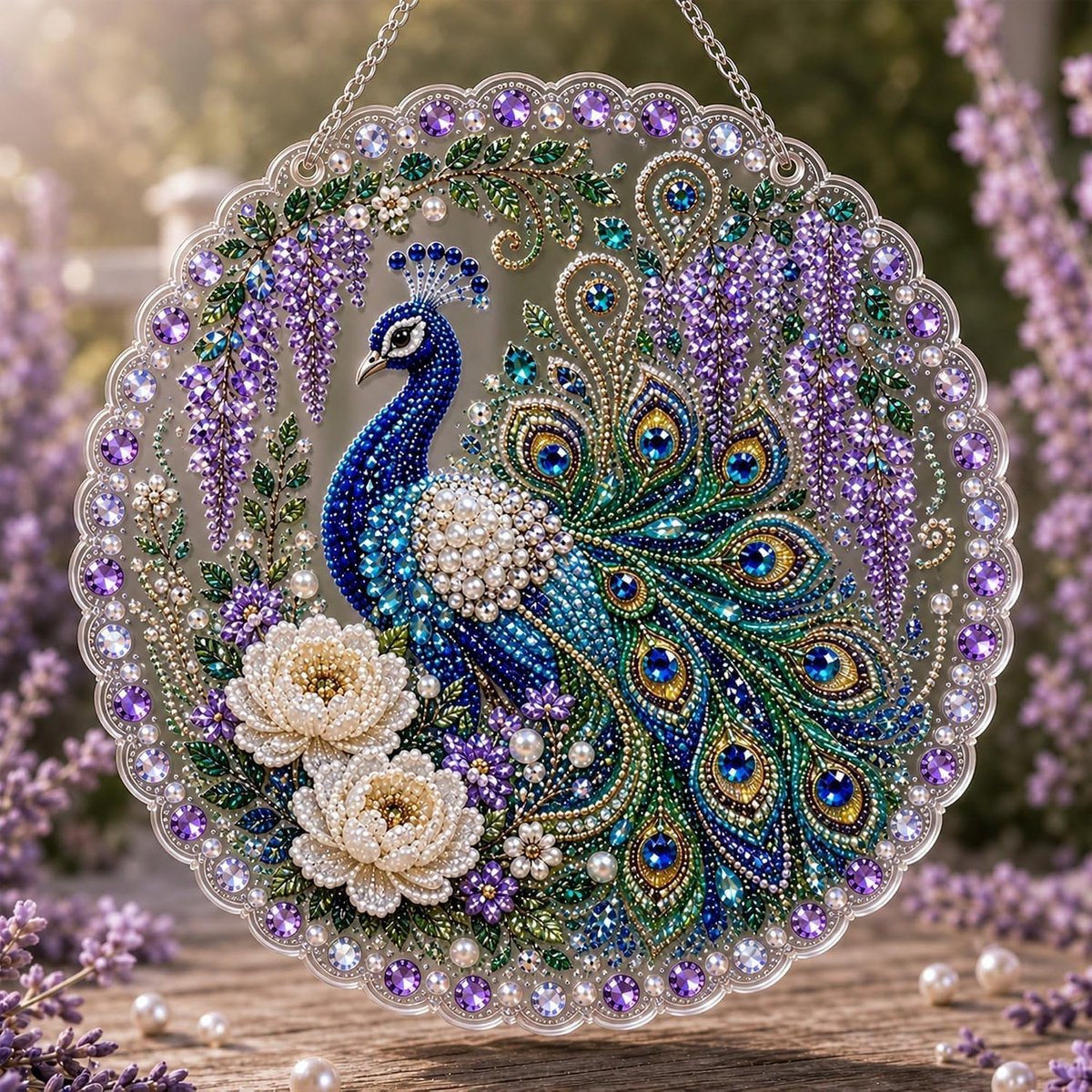 Casalora® Diamond Painting Pauwenhanger – 5D Acryl Vogeldecoratie – Pauw met Pioenrozen – Enkelzijdige DIY Set met Parels en Speciale Vorm Diamantjes – Pauw Raamdecoratie – 25 × 25 cm