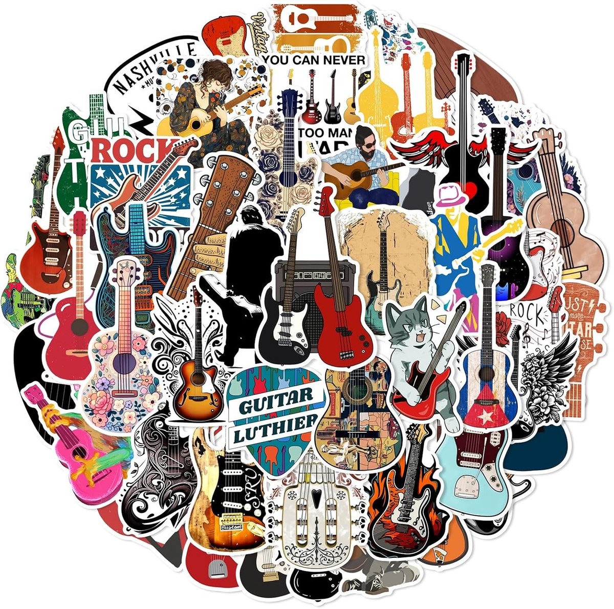 Kleurige Gitaar Stickers Set van 50 Stuks voor Skateboards, Fietsen en Laptops - Waterdichte Vinyl Graffiti Stickers voor Kinderen en Tieners
