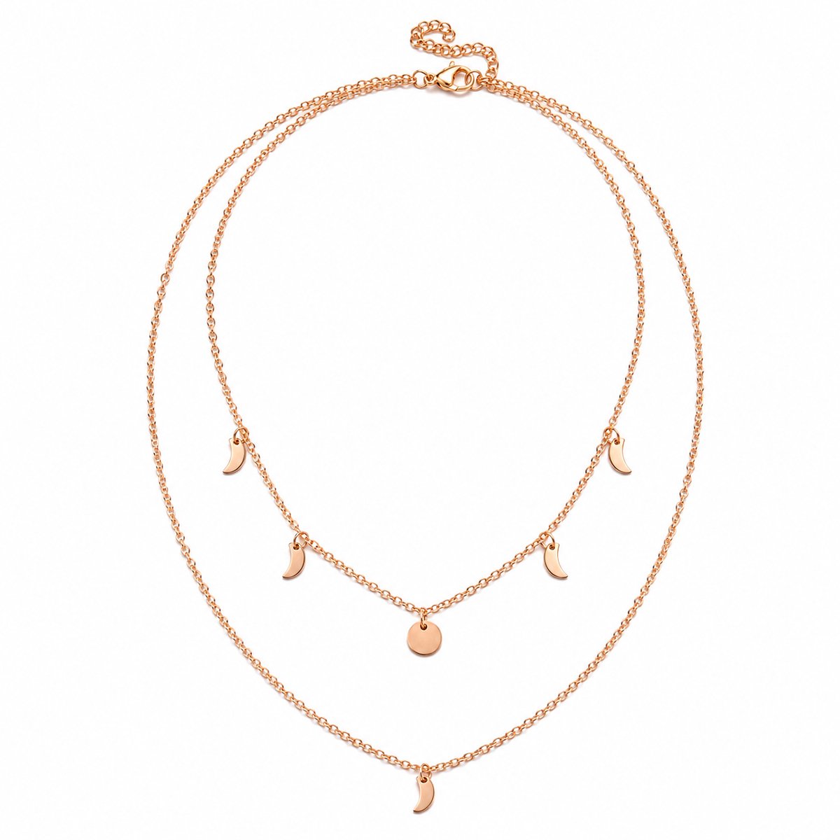 Victorious Roségoudkleurige Ketting Dames – Boho Layered Halsketting met Maan en Zon Tekens - 40 - 45cm