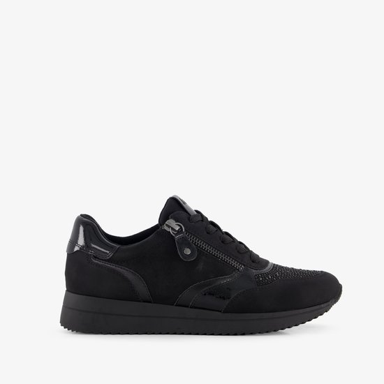 Zwarte Jana sneaker met veters, ritssluiting, glanzende en strass details.