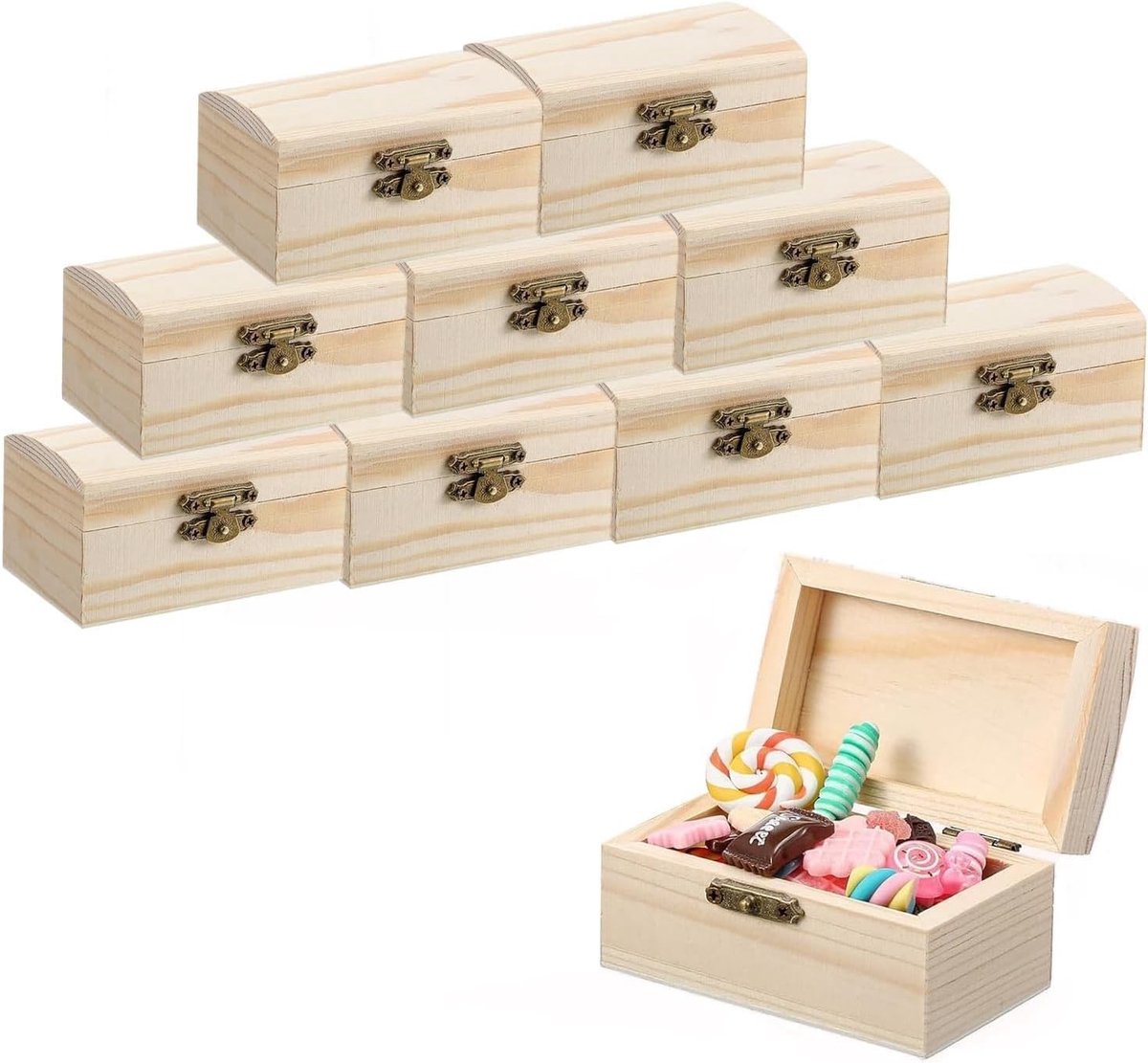 Kleine Houten Schatkist, Miniatuur Schatkist van Hout, Ideaal voor Decoratie en Opslag, Set van 10 voor Creatieve Projecten