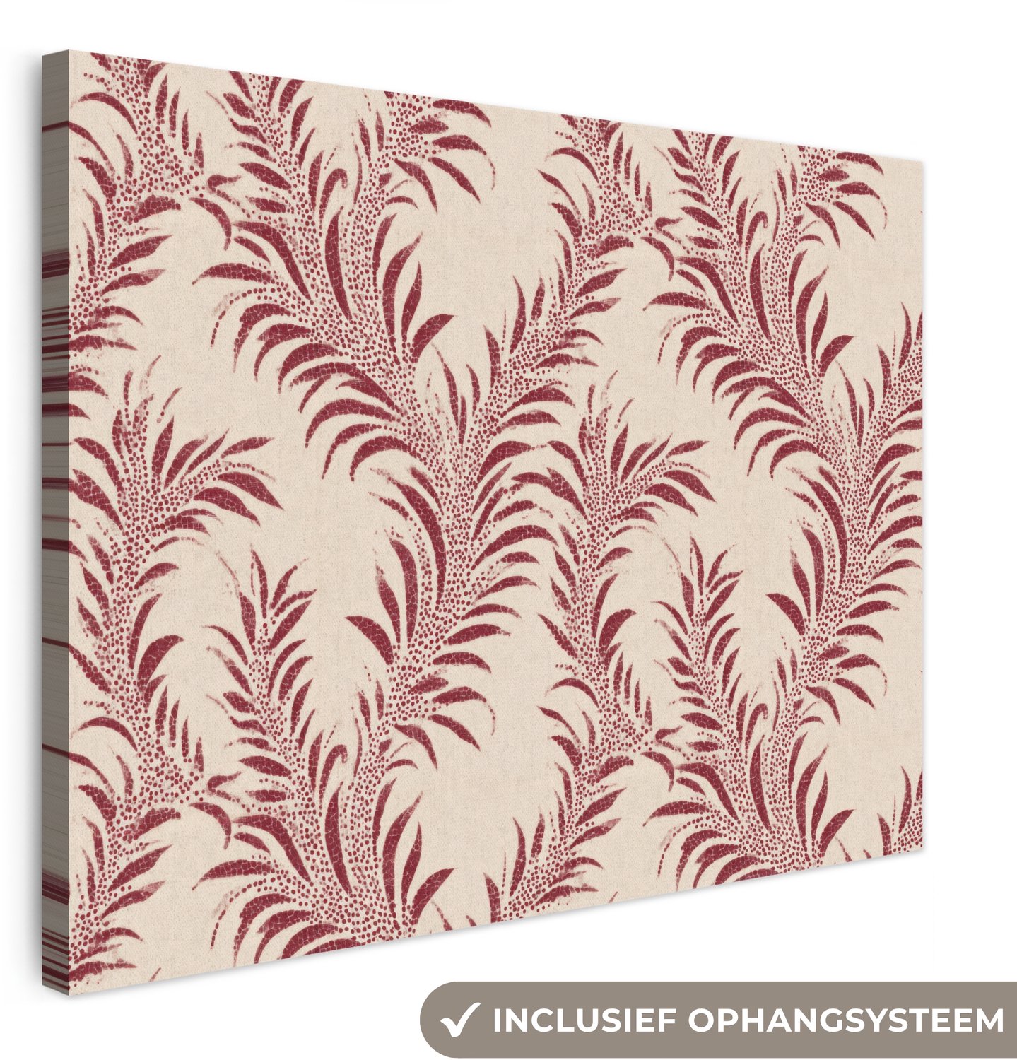 Canvas schilderij 80x60 cm - Exclusieve wanddecoratie Bladeren - Linnen - Rood - Muurdecoratie woonkamer - Slaapkamer decoratie - Kamer accessoires - Schilderijen op canvas