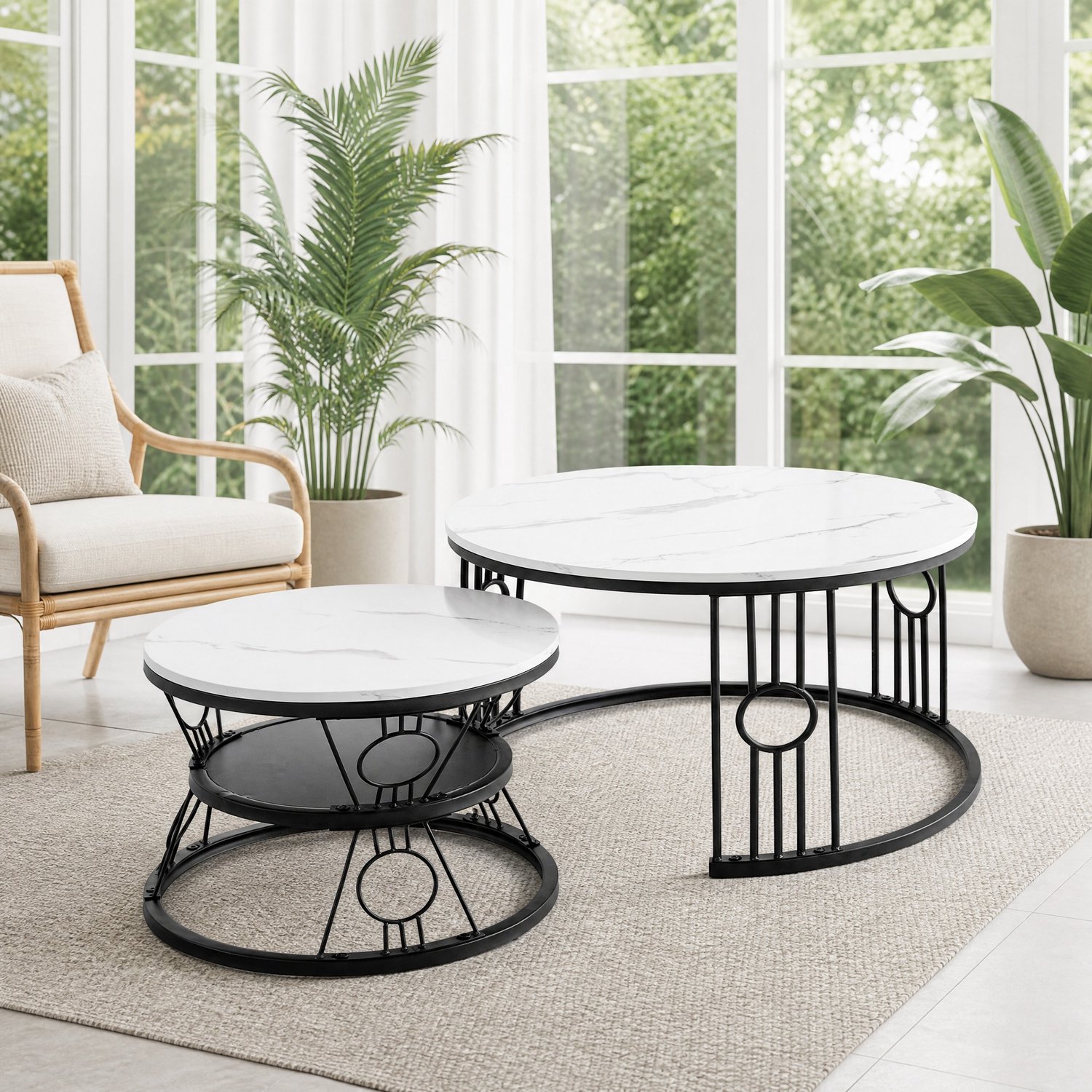 MIVRAY Salontafel Set Van 2 - Stapelbaar Rond MDF Metaal - Zwart