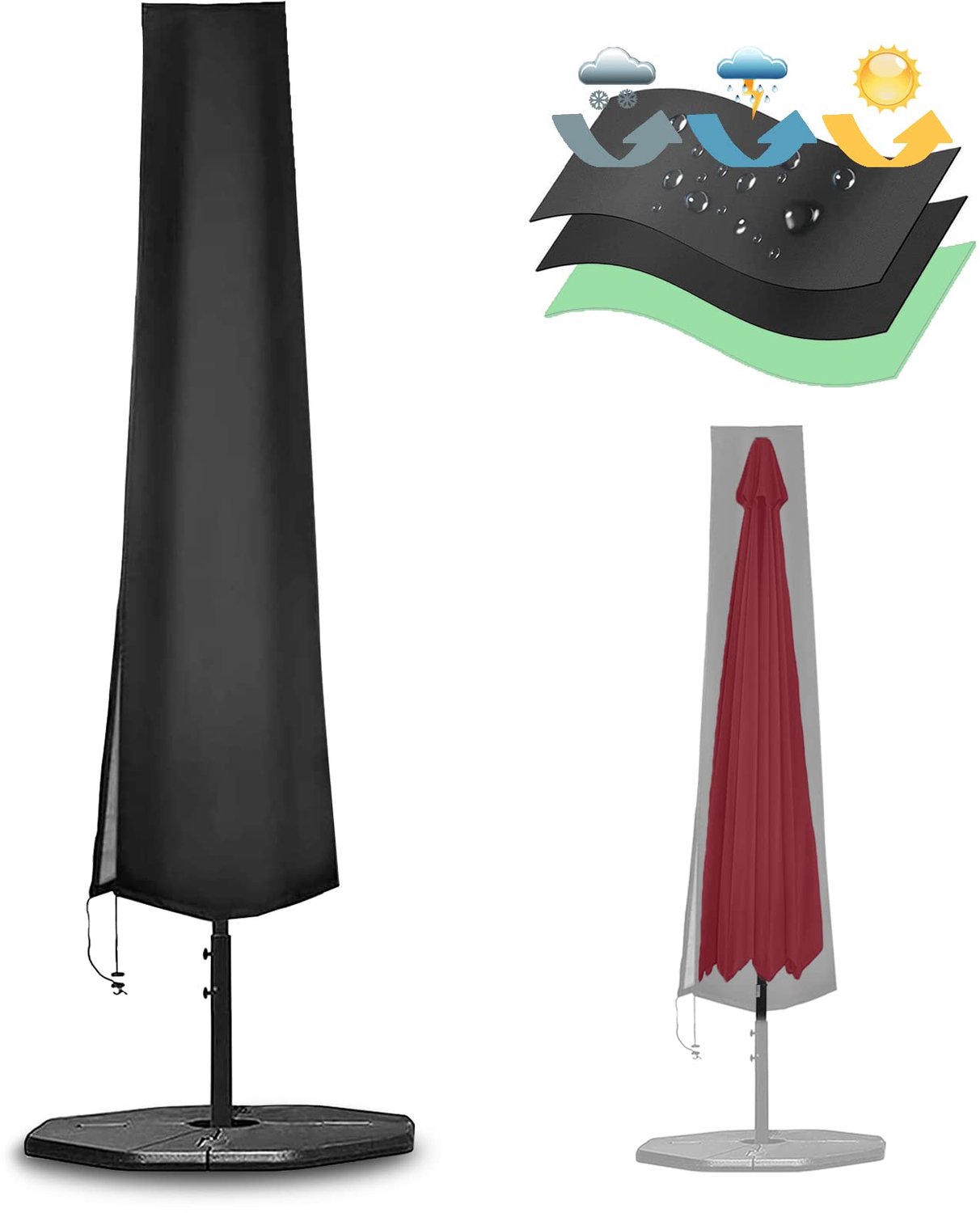 Famanu Beschermhoes voor tuinparasols, waterdichte 420D Oxford-stof, 170 x 25 x 35 cm, met stevige rits en verstelbaar trekkoord, ideaal voor het beschermen van parasols tegen weersinvloeden, kleur zwart